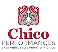 red and white logo with the words Chico Performances California State University Chico