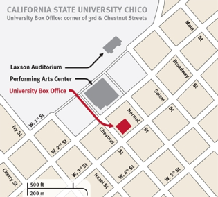 map of chico state showing the locations of Laxson Auditorium, the Performing Arts Center and the University Box Office
